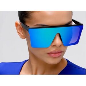 Shield Sunglasses Flat Top Oversized Blue Mirrored Lens Fashion Sunglasses Gafas